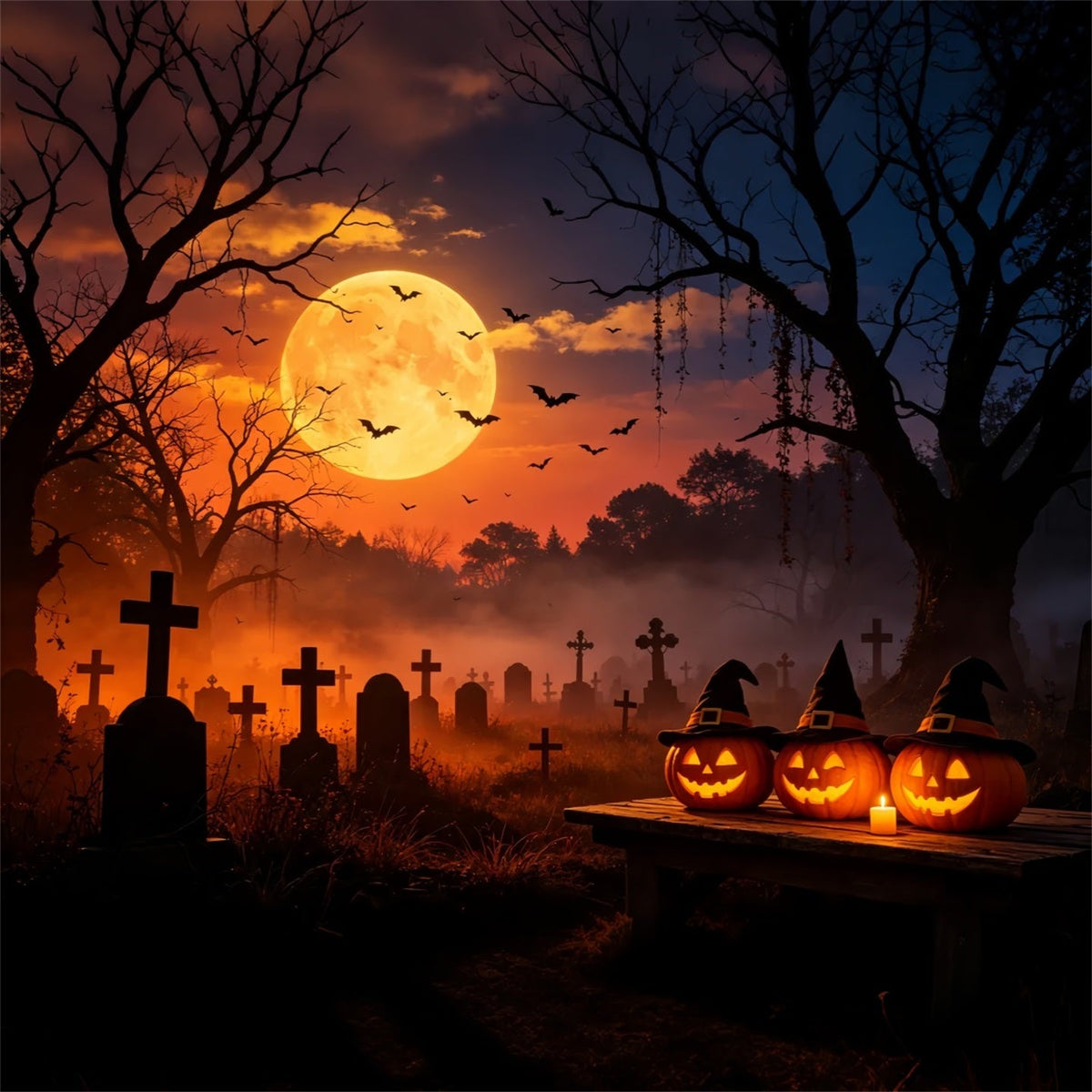 Décor De Grotte Aux Chauves-SourisCoucher De Soleil Sorcière Citrouille Cimetière Photos D'Halloween GQ67-105