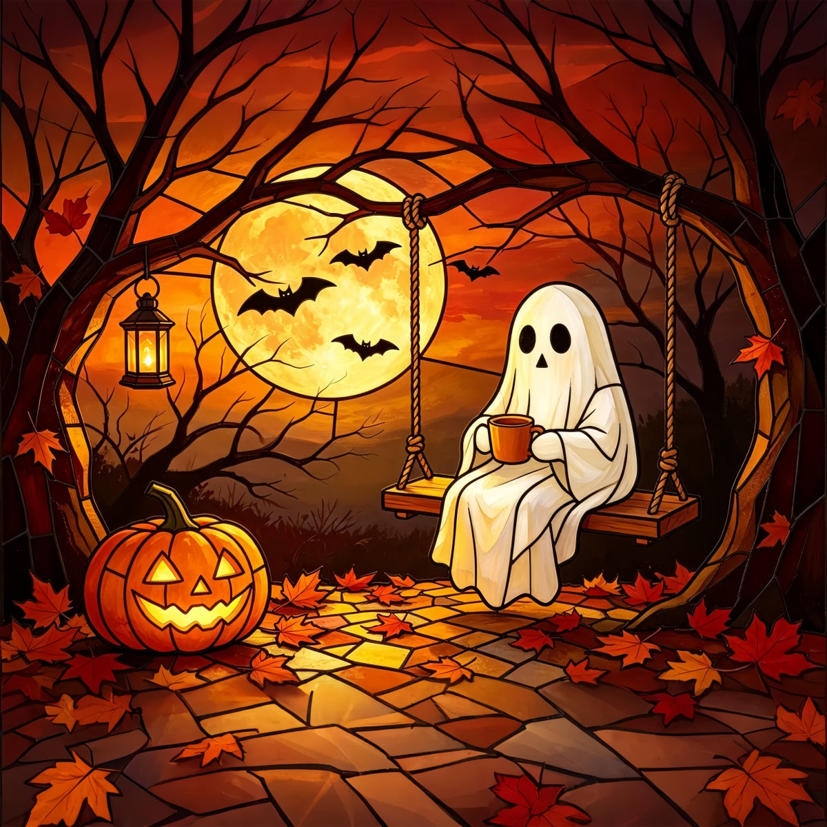 Décor De Photomaton Halloween Fantôme Vitrail Balançoire Citrouille Au Clair De Lune GQ67-111