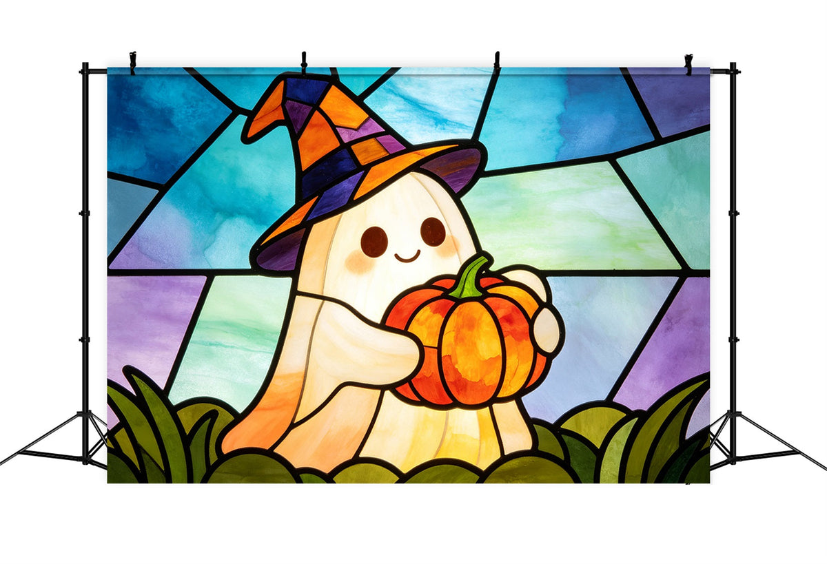 Tapisserie En Vitrail Avec Fantôme Sorcière Mignonne Et Citrouille Idéale Pour Les Selfies D'Halloween GQ67-112