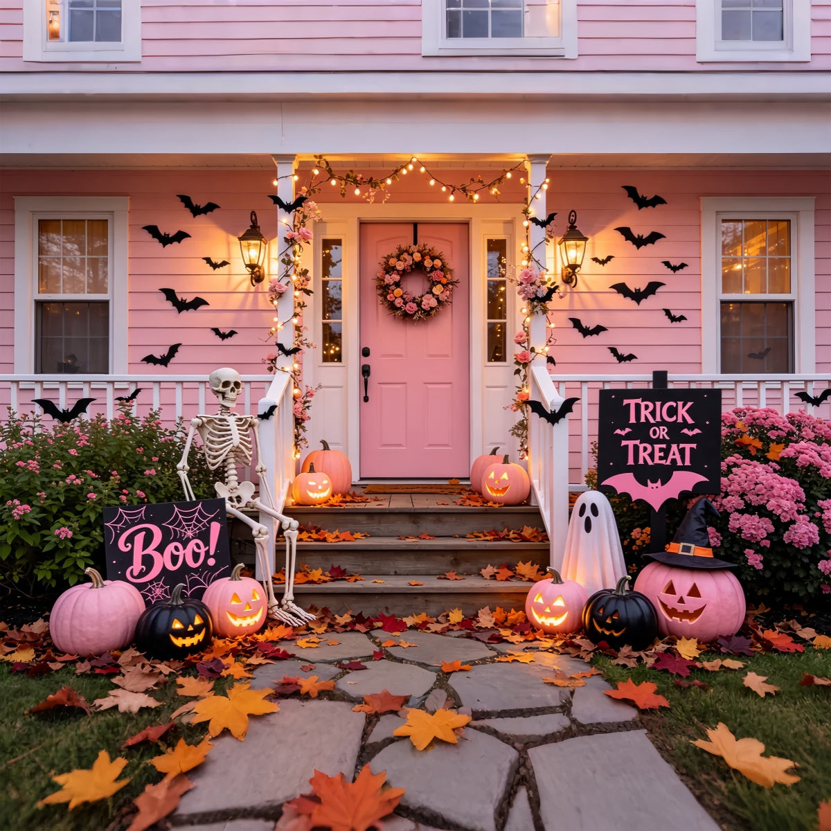 Décor De Porche Avec Citrouille Rose Et Squelette Rose Décor D'Halloween Vintage GQ67-80