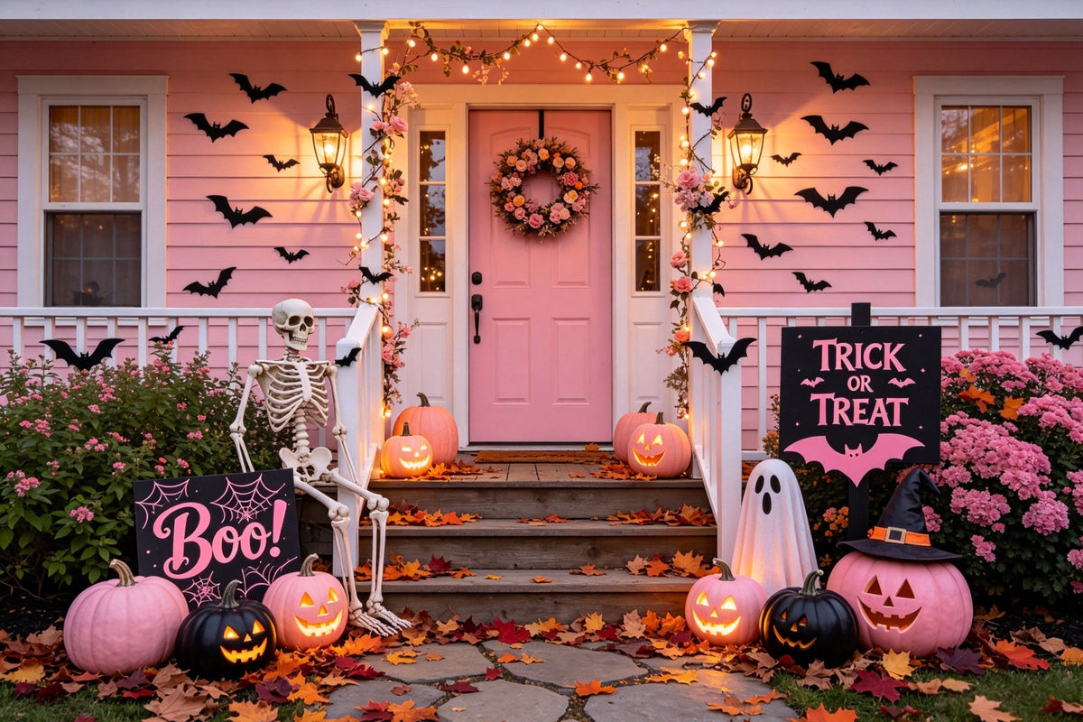Décor De Porche Avec Citrouille Rose Et Squelette Rose Décor D'Halloween Vintage GQ67-80