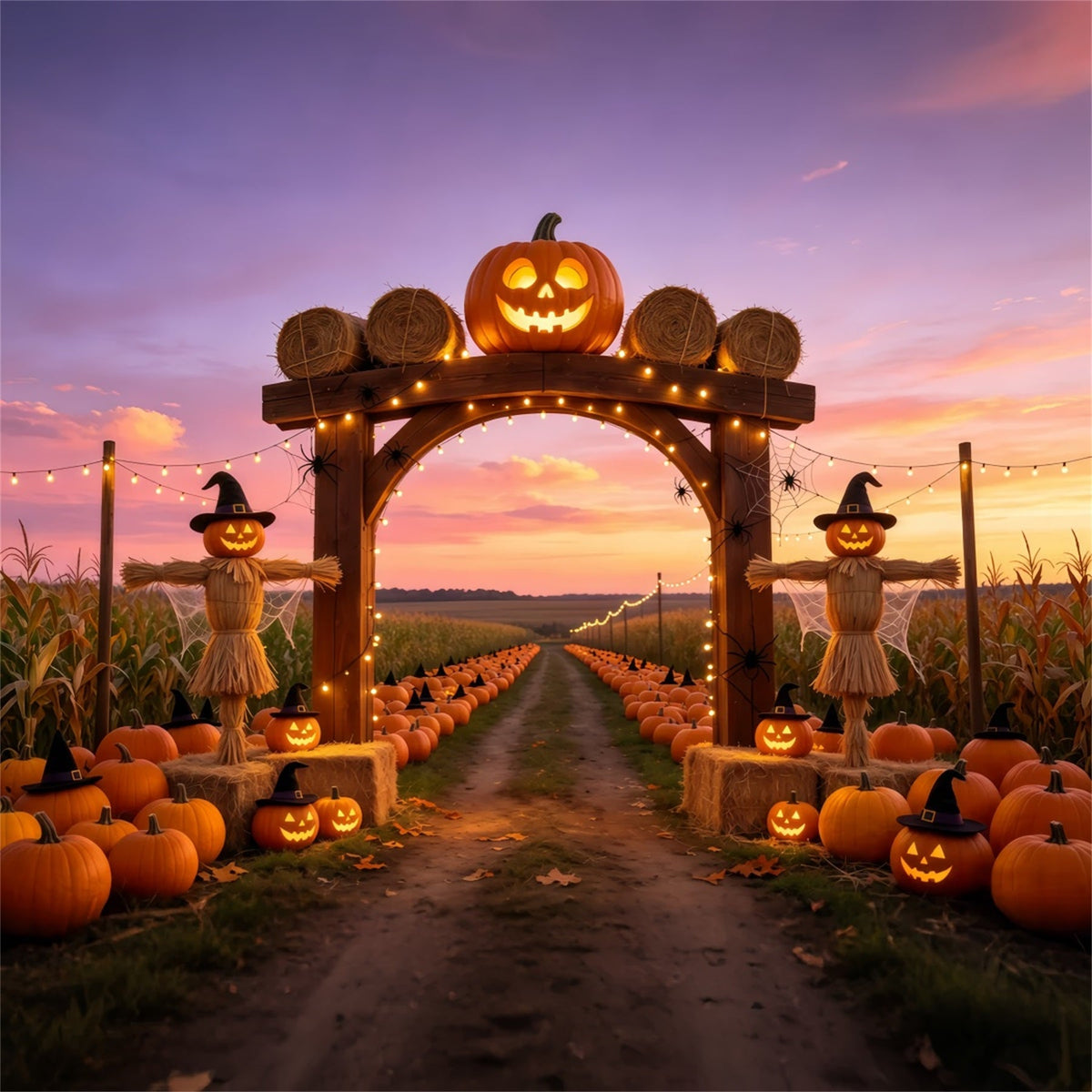 Idées De Décor Pour Une Ferme De Citrouilles Au Coucher Du Soleil Avec Des Épouvantails D'Halloween GQ67-87