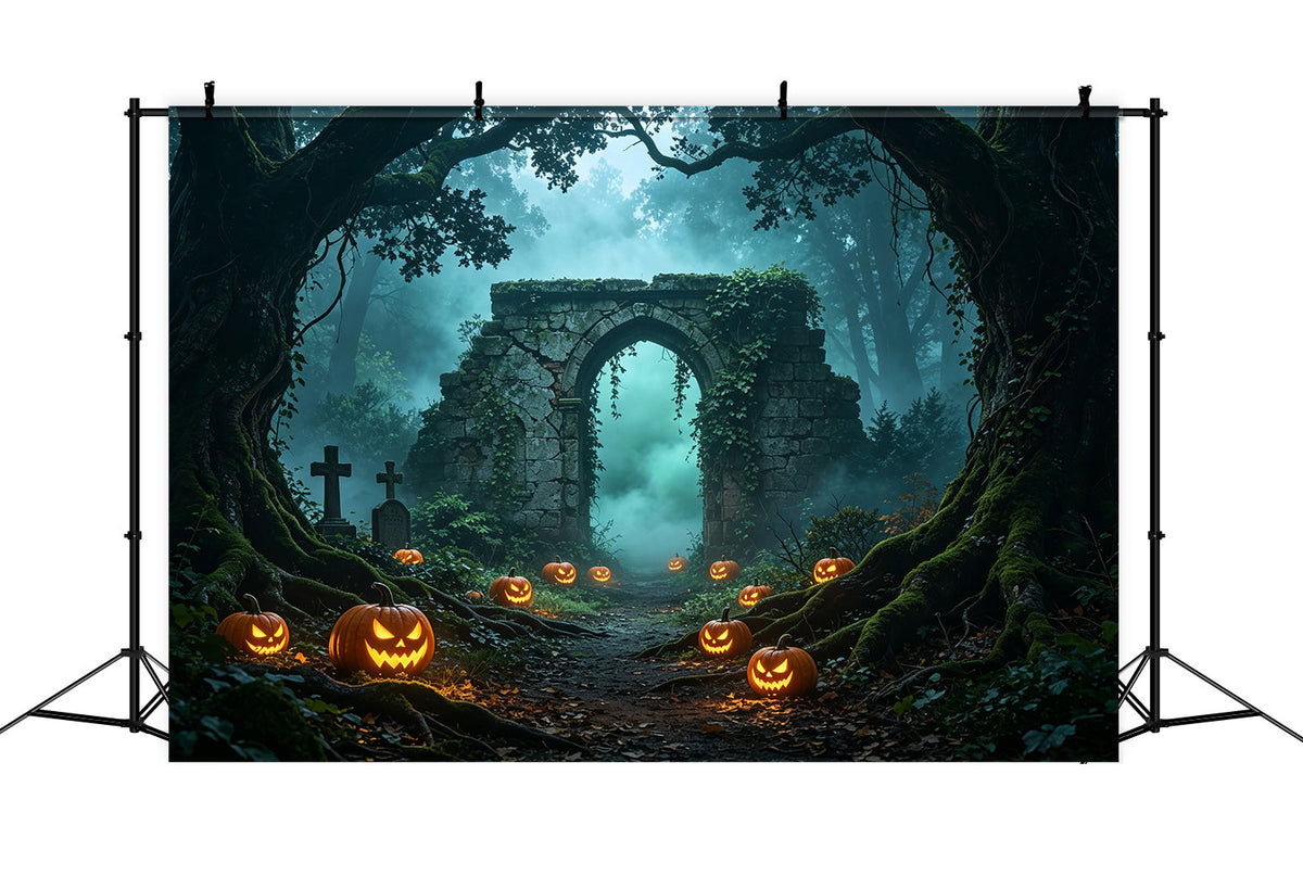 Décor De Forêt D'Halloween Chemin De Ruines De Citrouilles Brumeuses Toiles Murales D'Halloween GQ67-88