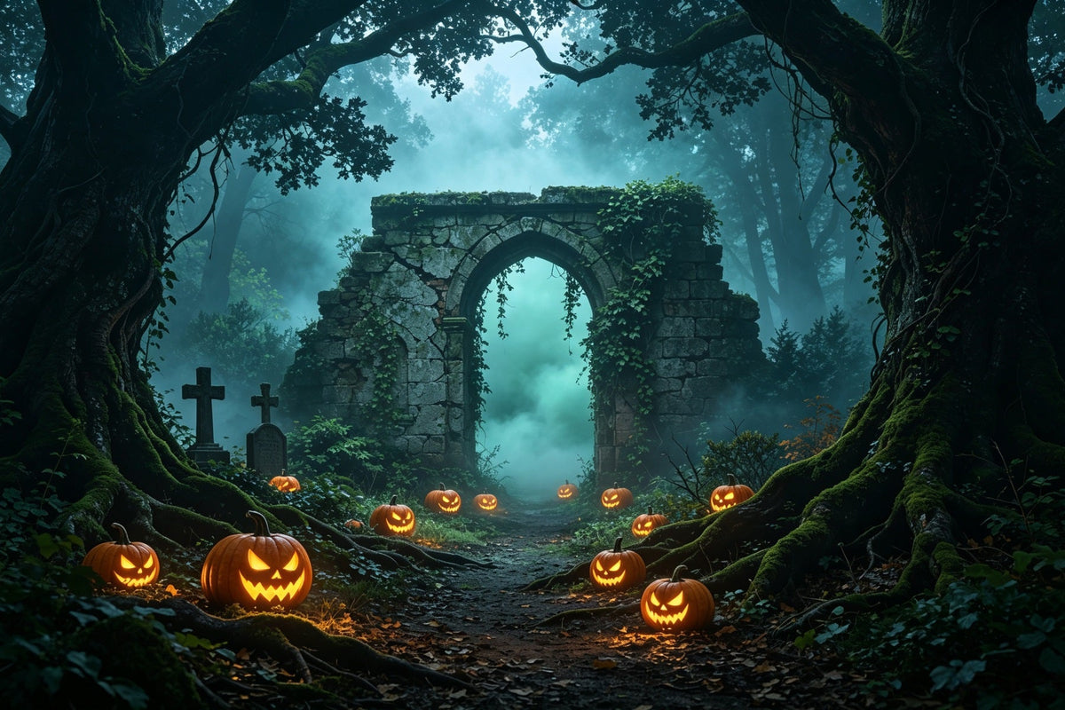 Décor De Forêt D'Halloween Chemin De Ruines De Citrouilles Brumeuses Toiles Murales D'Halloween GQ67-88