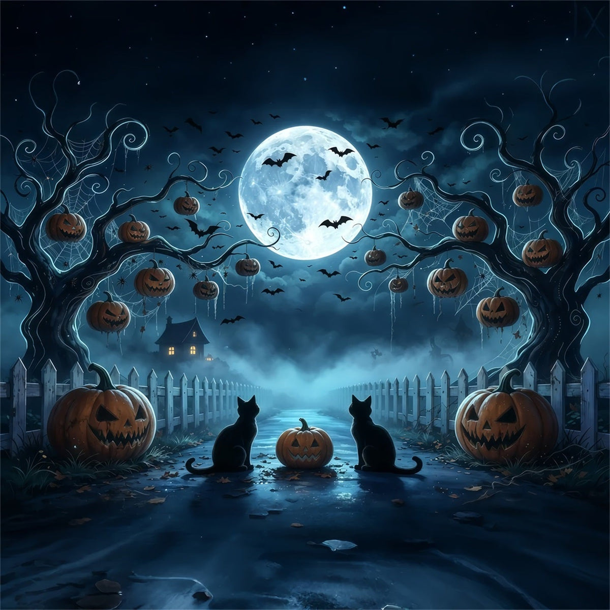 Décor D'Halloween Arbre Effrayant Chat Au Clair De Lune Et Chemin De Citrouilles GQ67-91