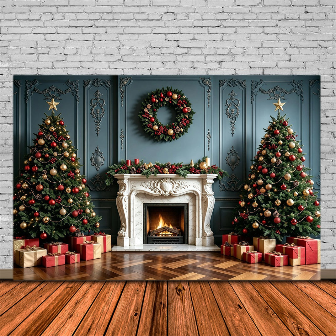 Fond De Cheminée De Noël Guirlande Murale Bleue Élégante Fond Photo De Noël GQ68-100