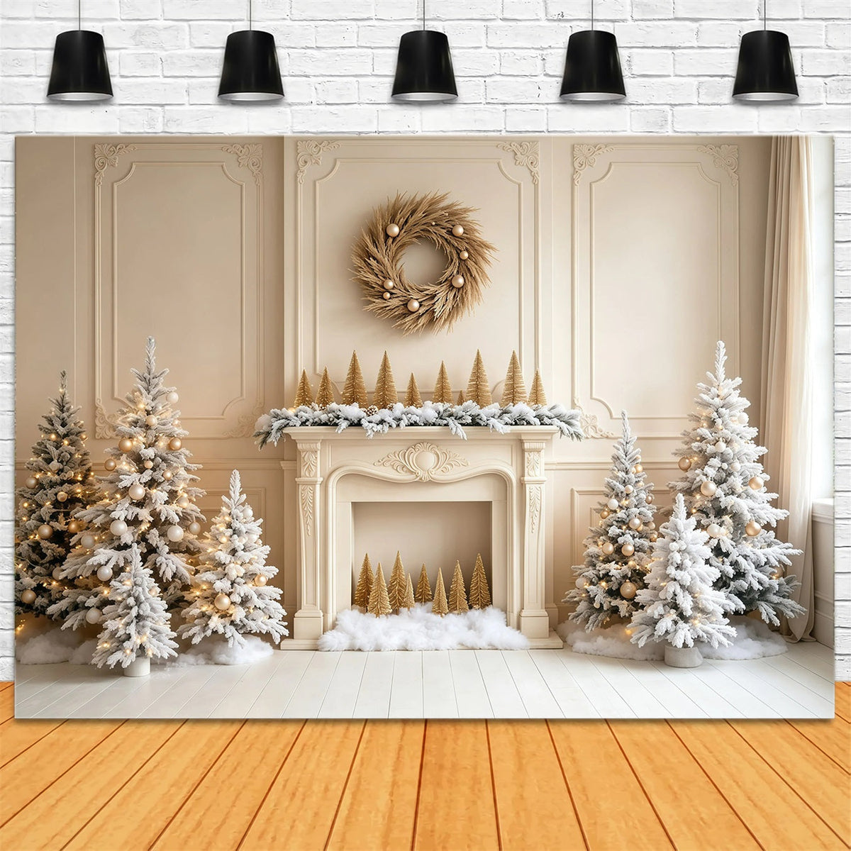 Fond Blanc De Noël Cheminée Pins Mur Décor De Noël Pour Studio GQ68-103