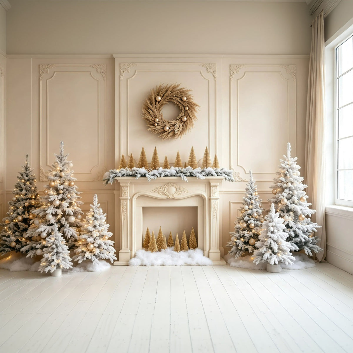 Fond Blanc De Noël Cheminée Pins Mur Décor De Noël Pour Studio GQ68-103