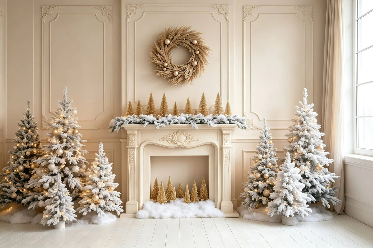 Fond Blanc De Noël Cheminée Pins Mur Décor De Noël Pour Studio GQ68-103