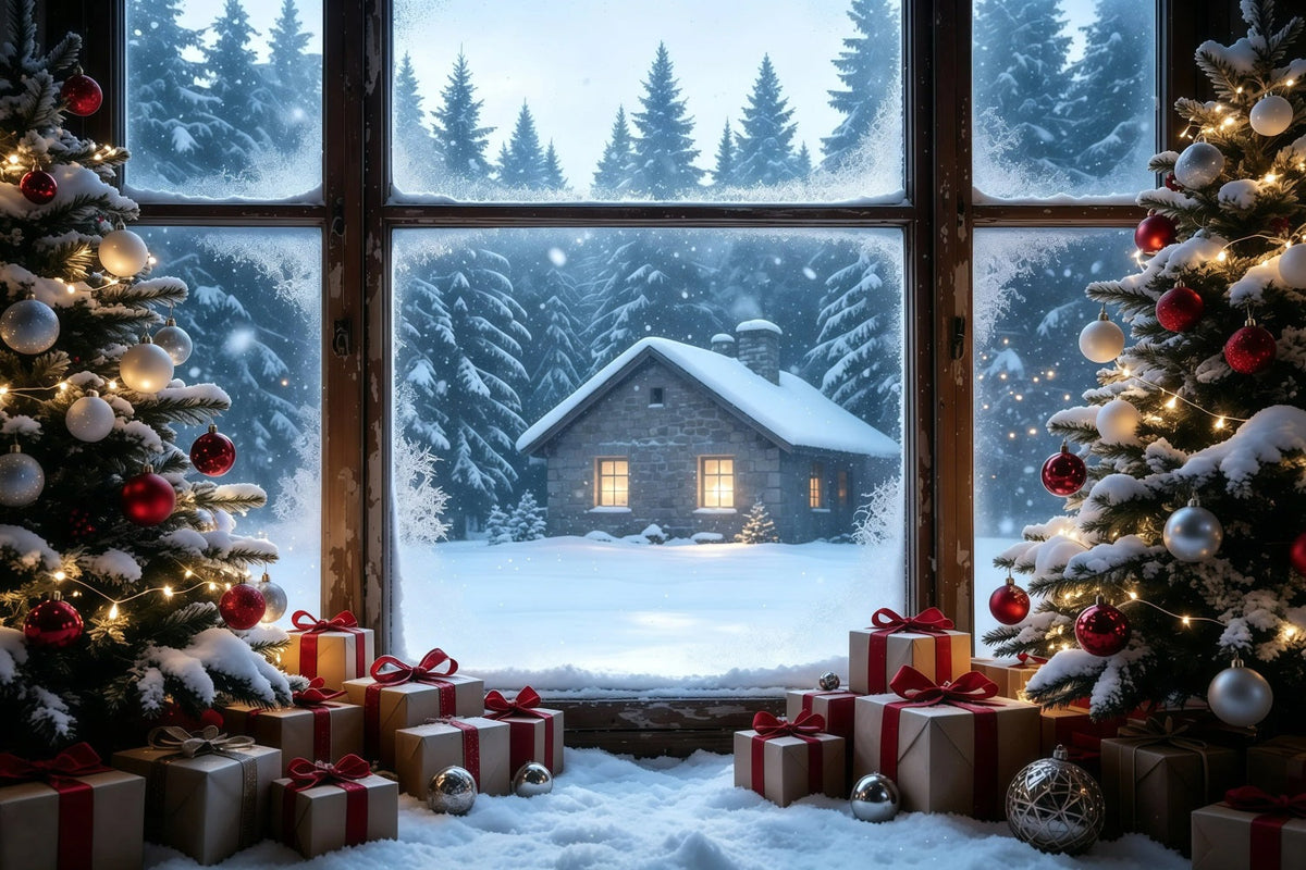 Décor De Noël Rustique Vue Depuis La Fenêtre D'Une Cabane Enneigée Décors De Noël Pour Studio GQ68-104