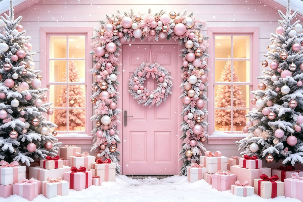 Fond De Noël Rose Porte Des Cadeaux De L'Arbre Enneigé Toiles De Fond En Mousseline De Noël GQ68-114