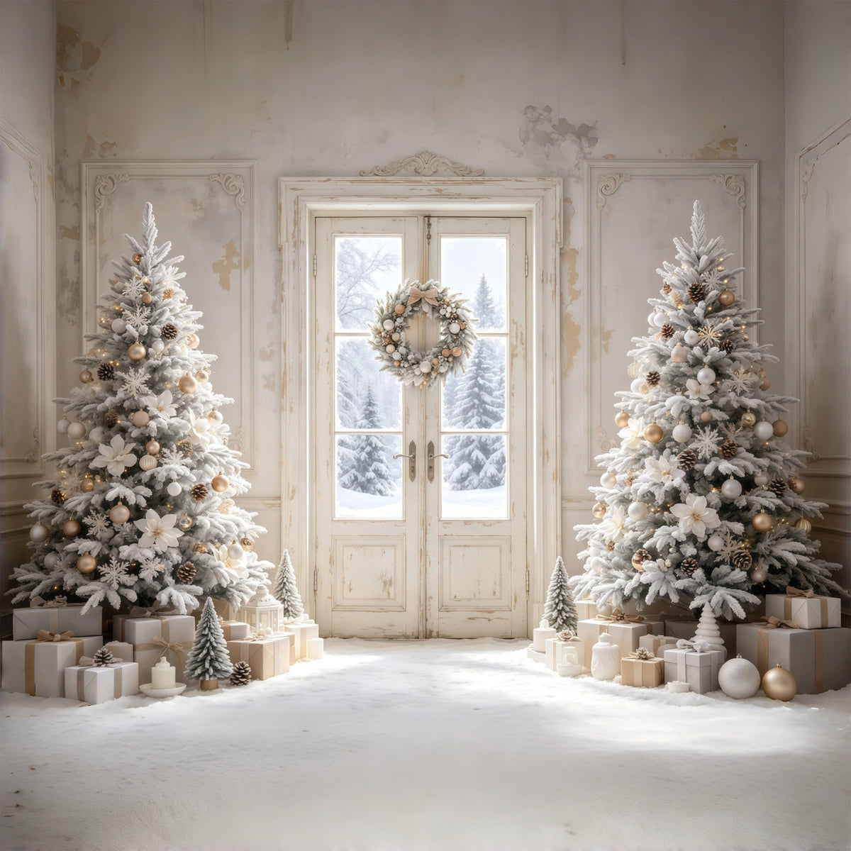 Fond De Noël Simple Arbres De Porte Blancs Givrés Décors De Noël GQ68-116