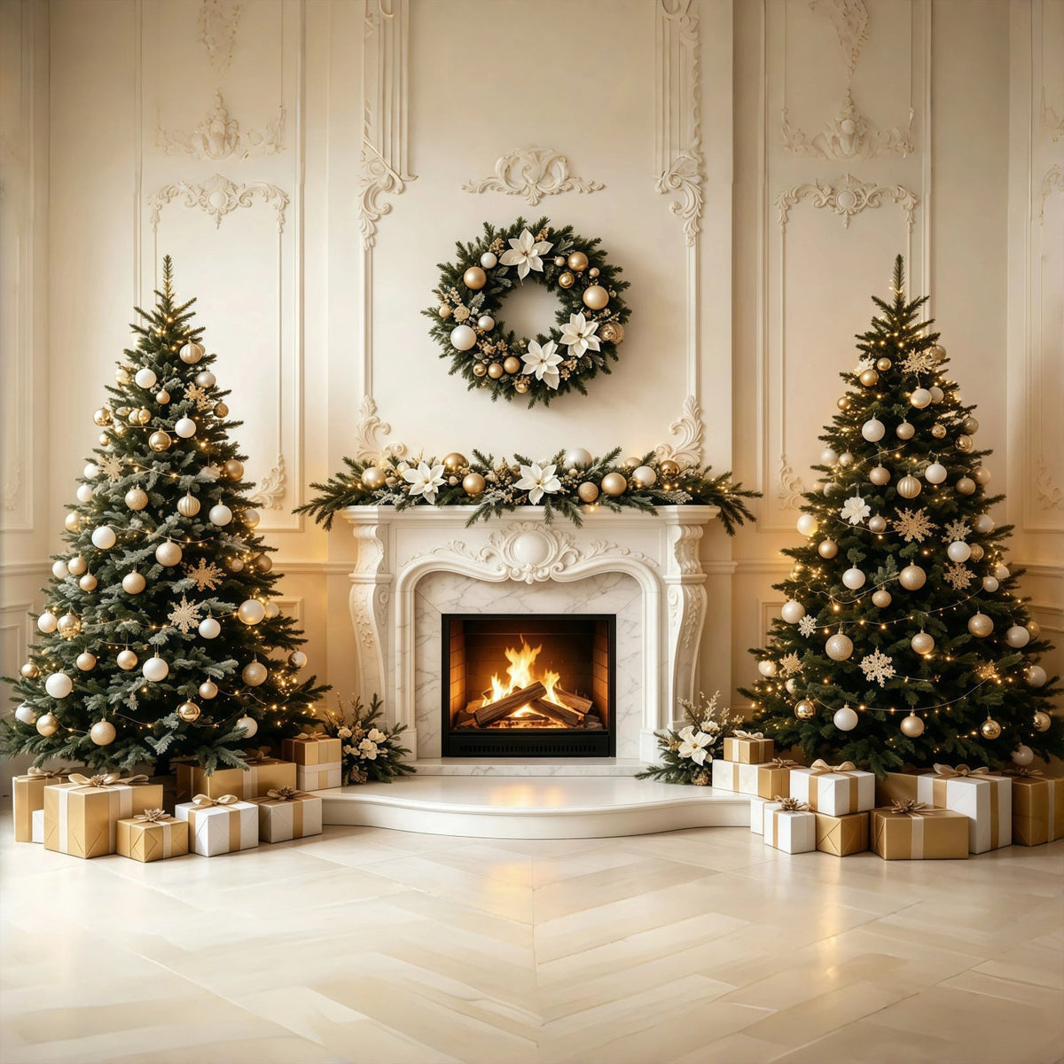 Décor De Noël Pour Salon Cheminée Élégante Fond Photographique De Noël GQ68-134