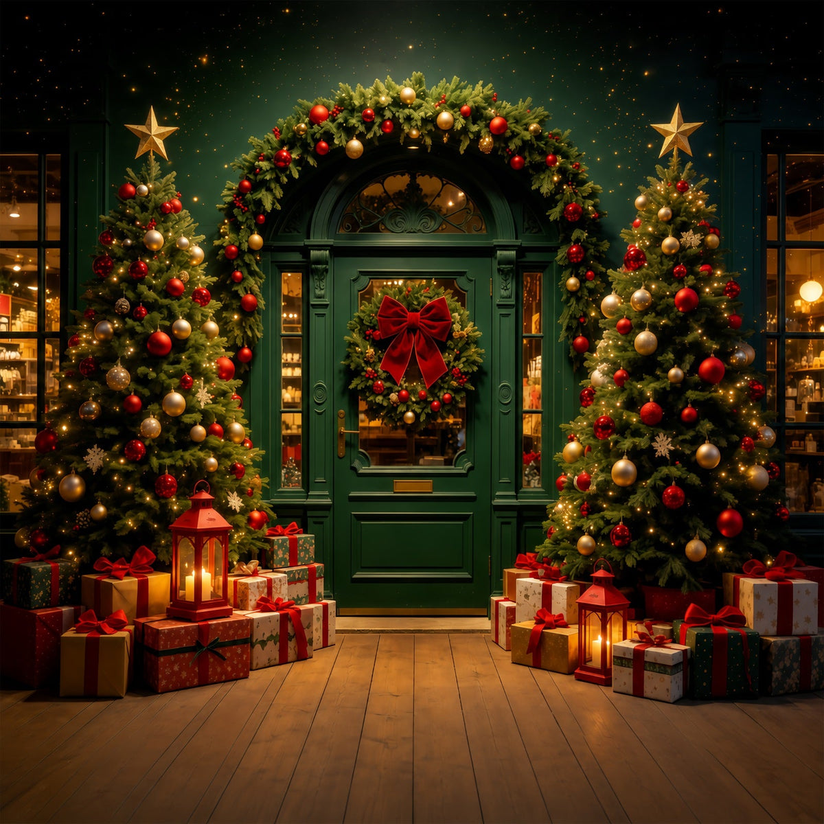 Décor De Magasin De Noël Lumières D'Arche Vert Foncé Décors De Studio Pour Noël GQ68-62