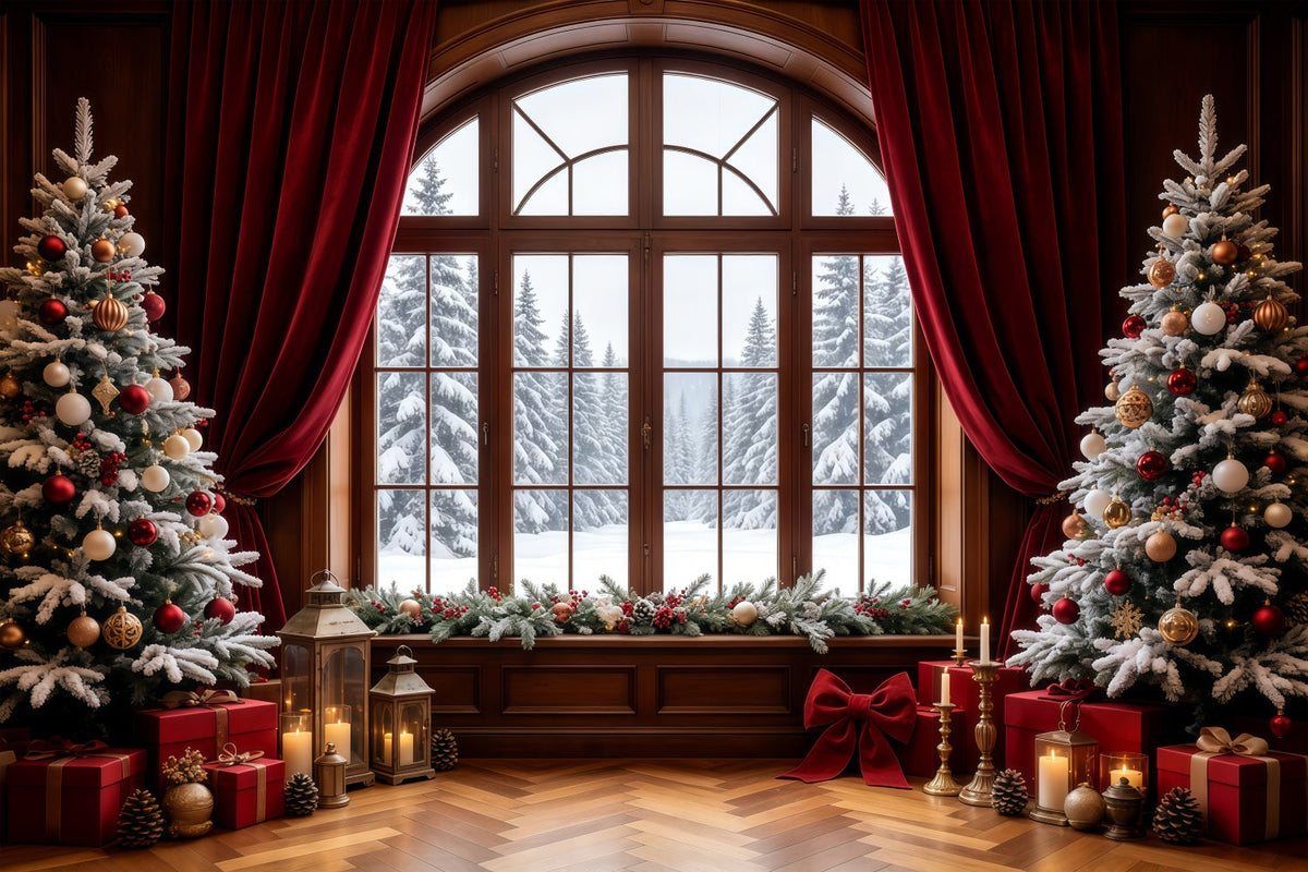 Décor De Vitrine De Noël Arbres Rideaux De Vue Enneigée Décors De Noël Pour Photos GQ68-64
