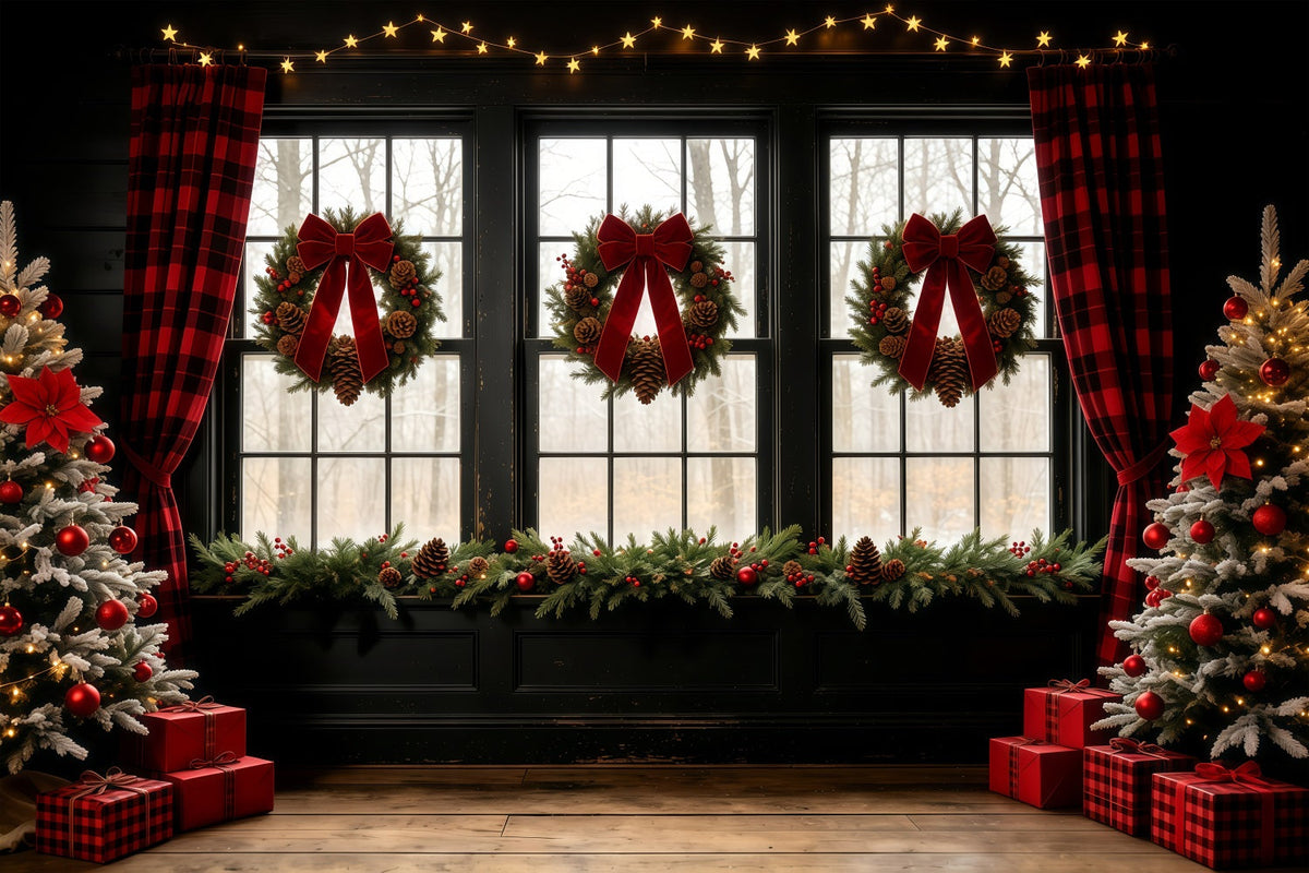Décor De Vitrine De Noël Rideau Rustique À Nœud Papillon Fond Mural De Noël GQ68-68