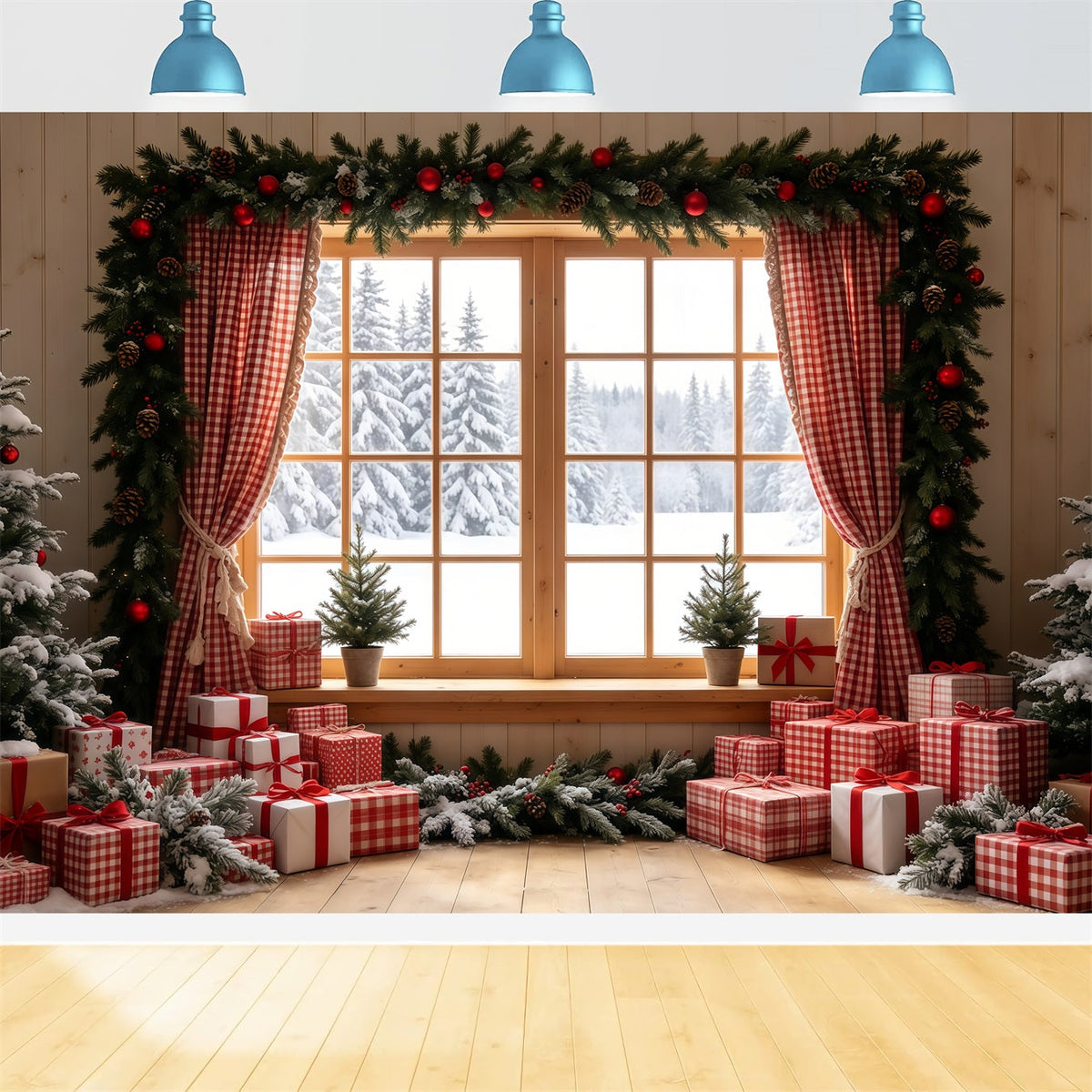Décor De Noël Rustique Vitrine À Carreaux Vichy Pour Cadeaux Décors De Noël D'Intérieur GQ68-71