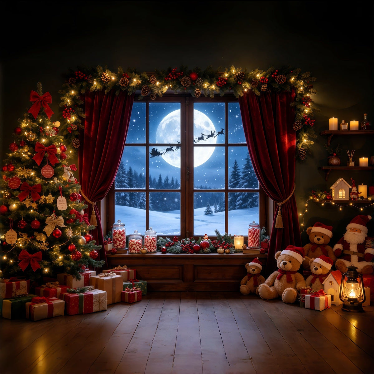 Décor De La Nuit De Noël Chambre D'Oursons Sous La Fenêtre Éclairée Par La Lune Fond De Noël Professionnel GQ68-72