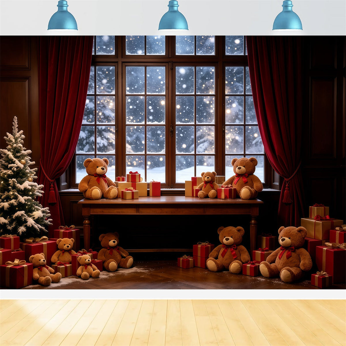 Décor De Noël Chaleureux Vitrine D'Ours En Peluche Décors Photographiques De Noël GQ68-85
