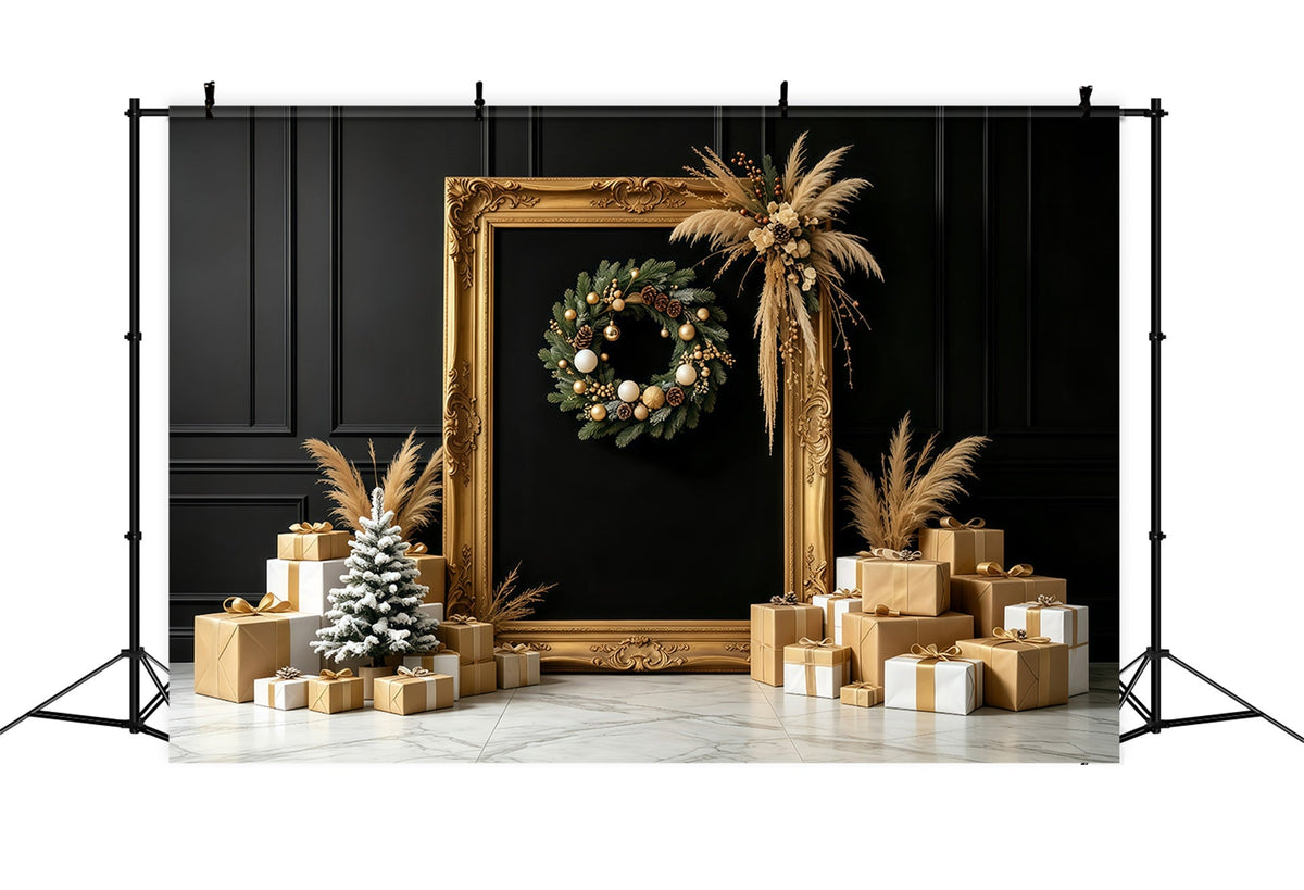 Fond De Noël Noir Et Or Présentoir À Cadeaux En Cadre Doré Grandes Toiles De Fond De Noël GQ68-87