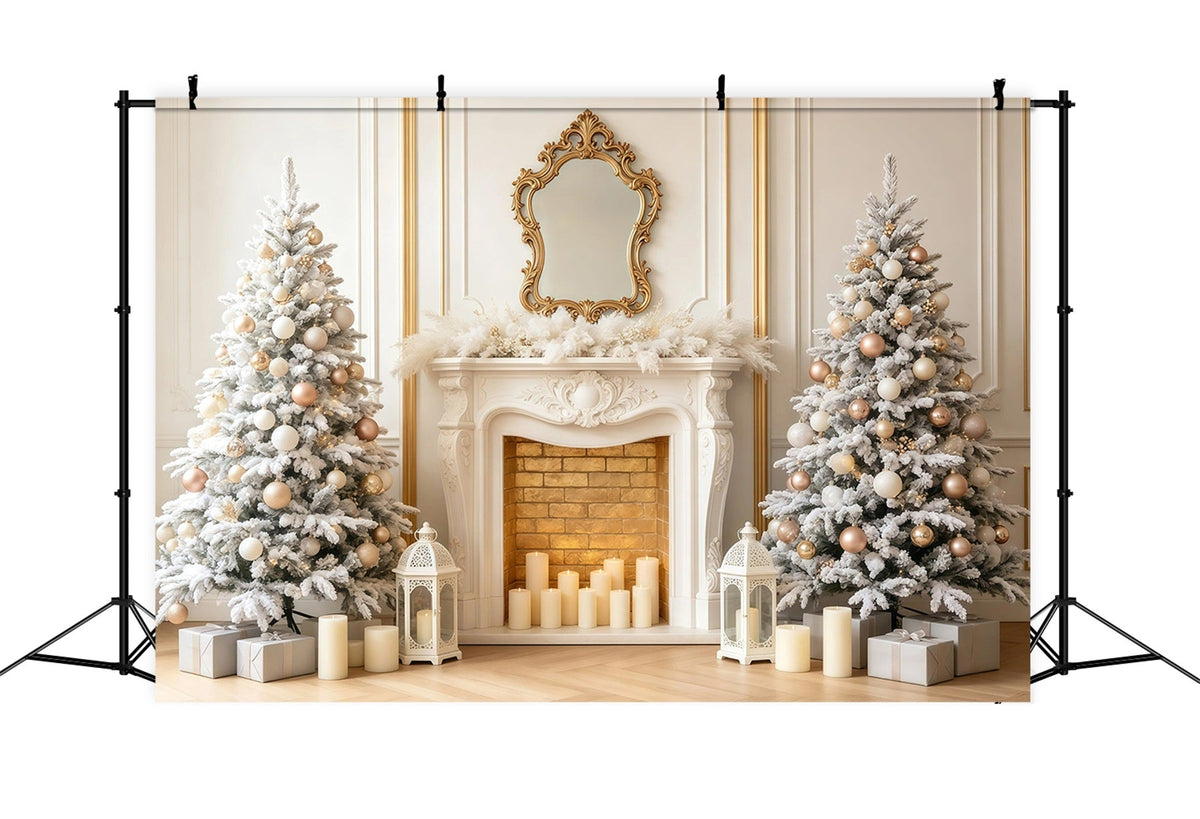 Décor De Noël Élégant Arbre De Cheminée En Or Blanc Fond Photographique De Noël GQ68-97