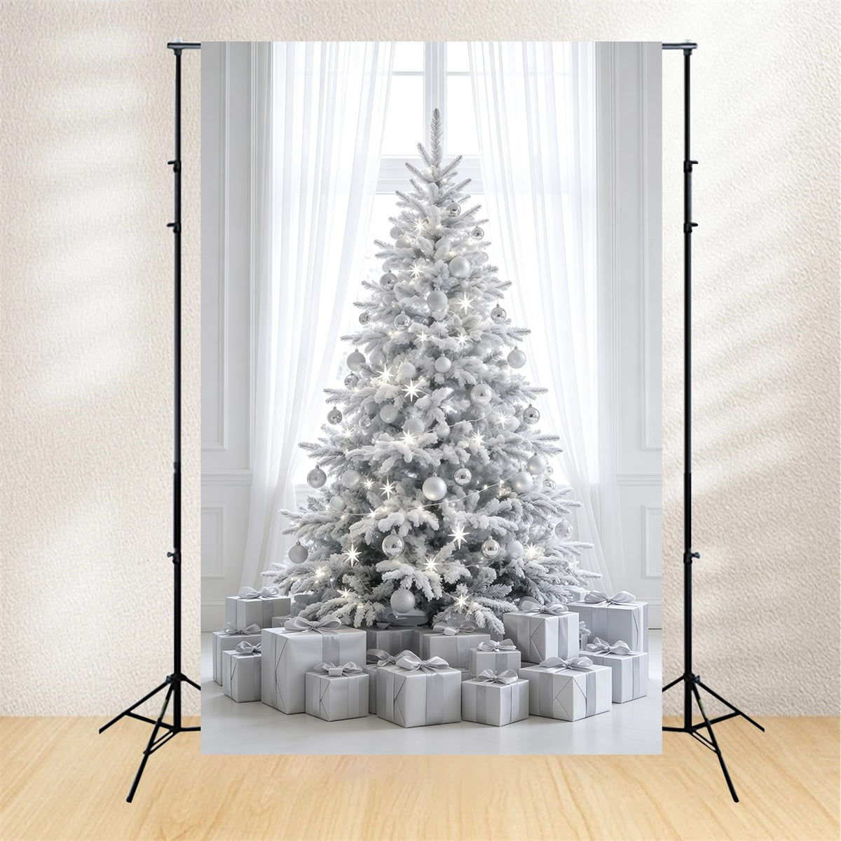 Fond De Noël Simple Décoration D'Arbre Givré Blanc Décors Photographiques De Noël GQ69-34