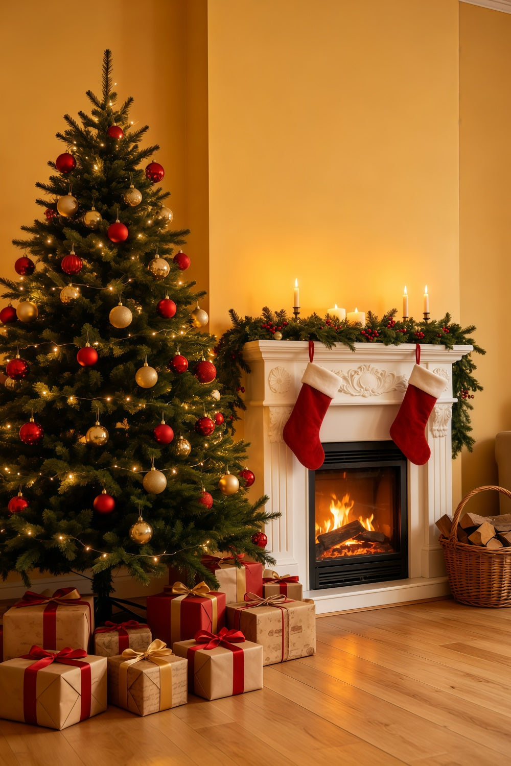 Décor De Noël Chaleureux Coin Cheminée Dorée Décors Photo De Noël GQ69-35