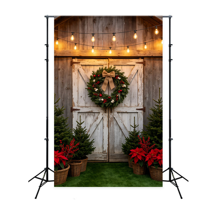 Décor De Ferme De Sapins De Noël Couronne Rustique De Porte De Grange Fond Photographique De Noël GQ69-38