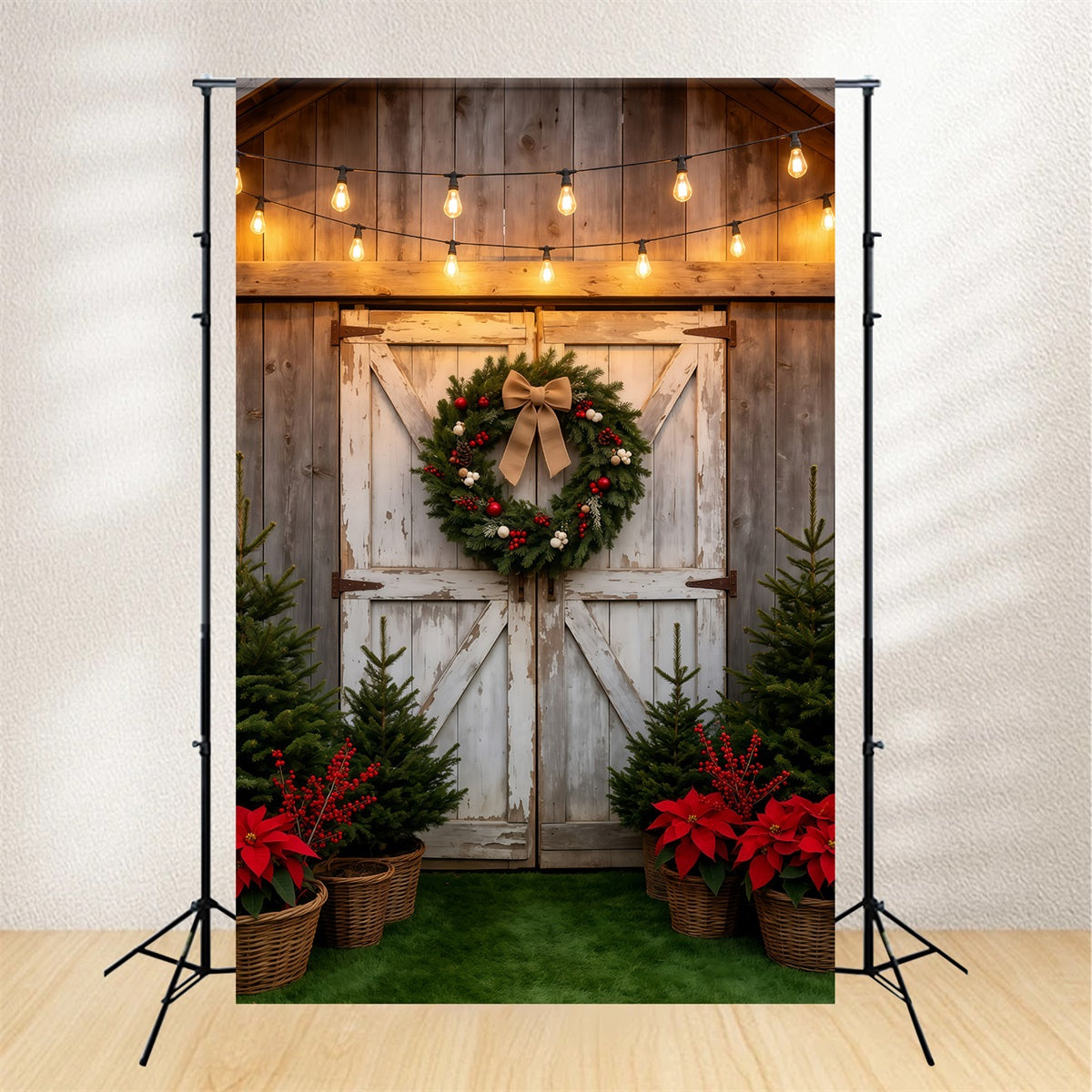 Décor De Ferme De Sapins De Noël Couronne Rustique De Porte De Grange Fond Photographique De Noël GQ69-38