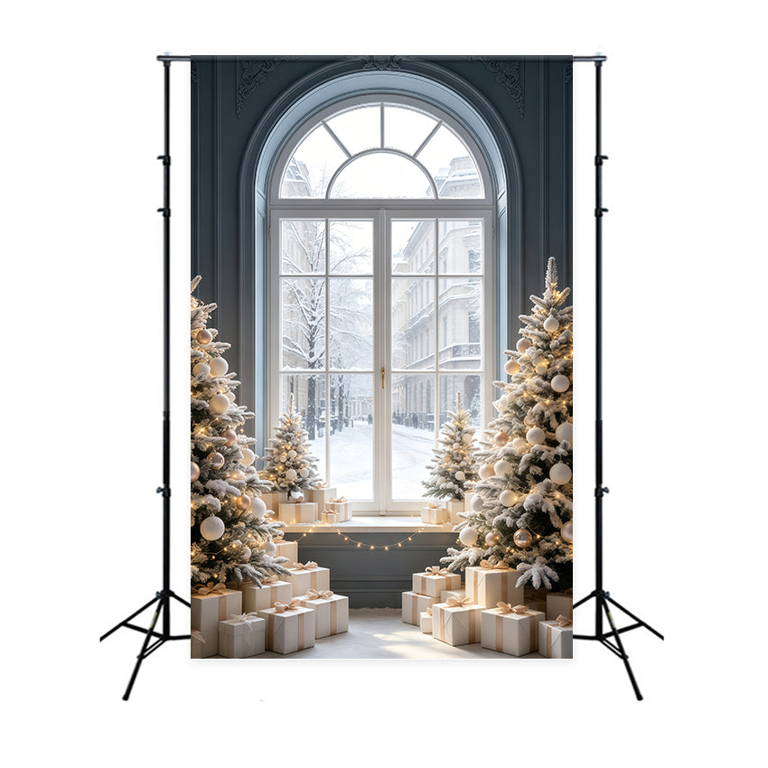 Décor De Vitrine De Noël Arbre De La Rue Enneigée Fond De Noël En Mousseline GQ69-52
