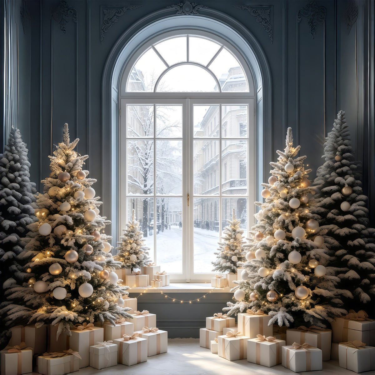 Décor De Vitrine De Noël Arbre De La Rue Enneigée Fond De Noël En Mousseline GQ69-52