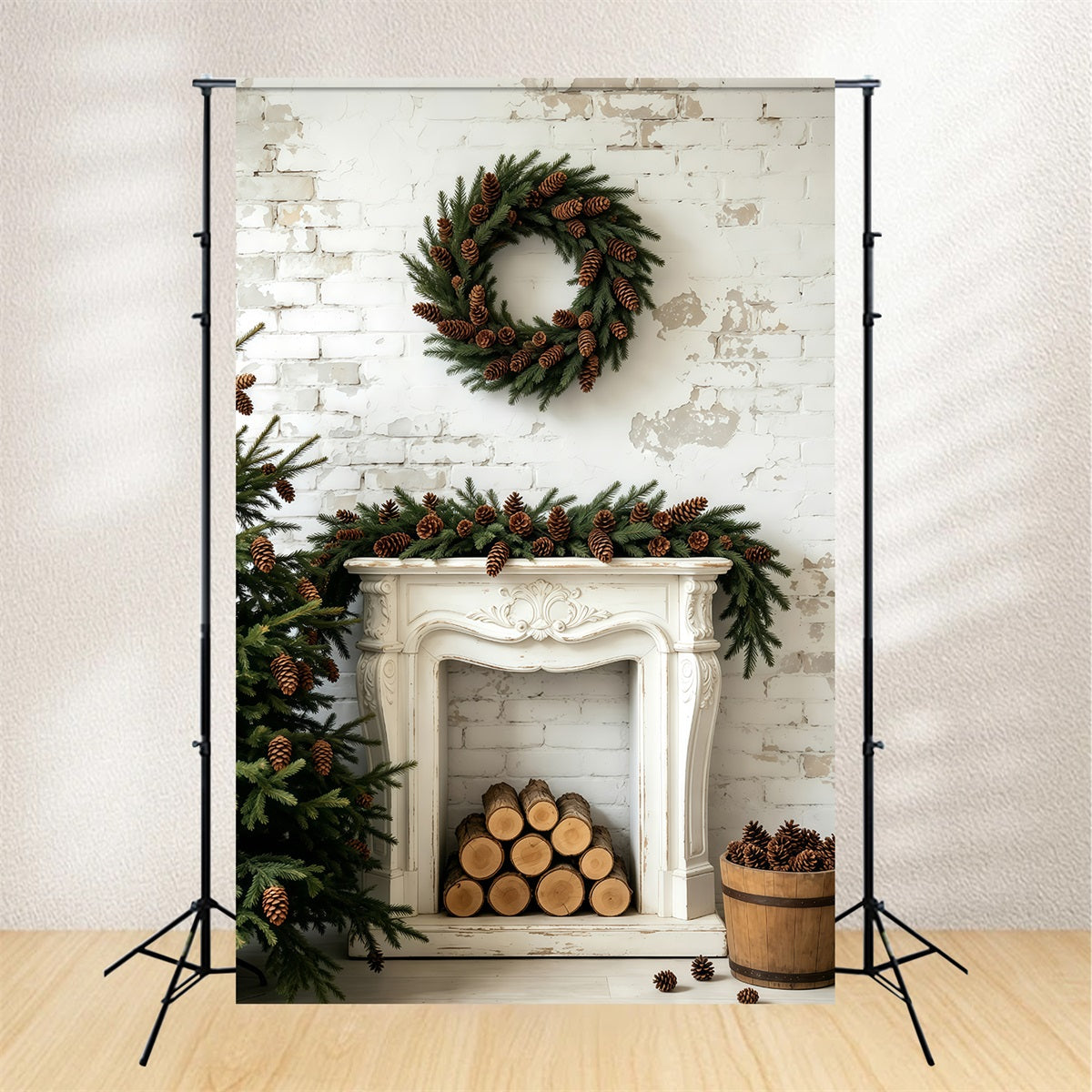 Décor Mural De Noël Couronne De Pommes De Pin Décorative Pour Cheminée Décors Photographiques De Noël GQ69-54