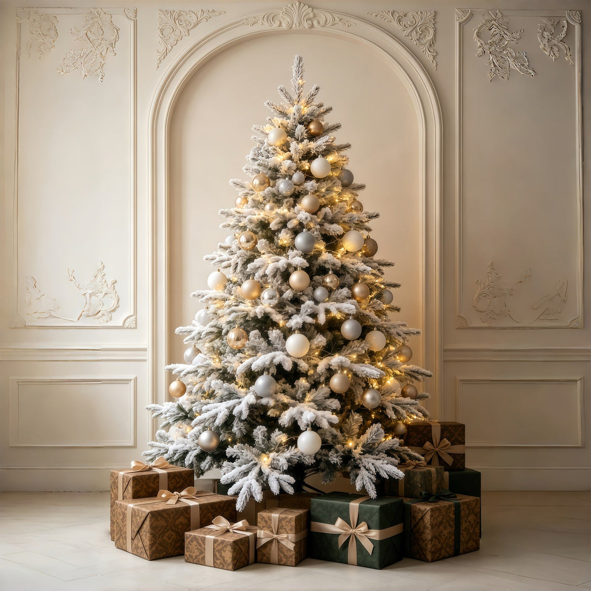 Fond De Décor De Noël Salle De La Cheminée De L'Arbre Blanc Enneigé Décor De Noël GQ69-60