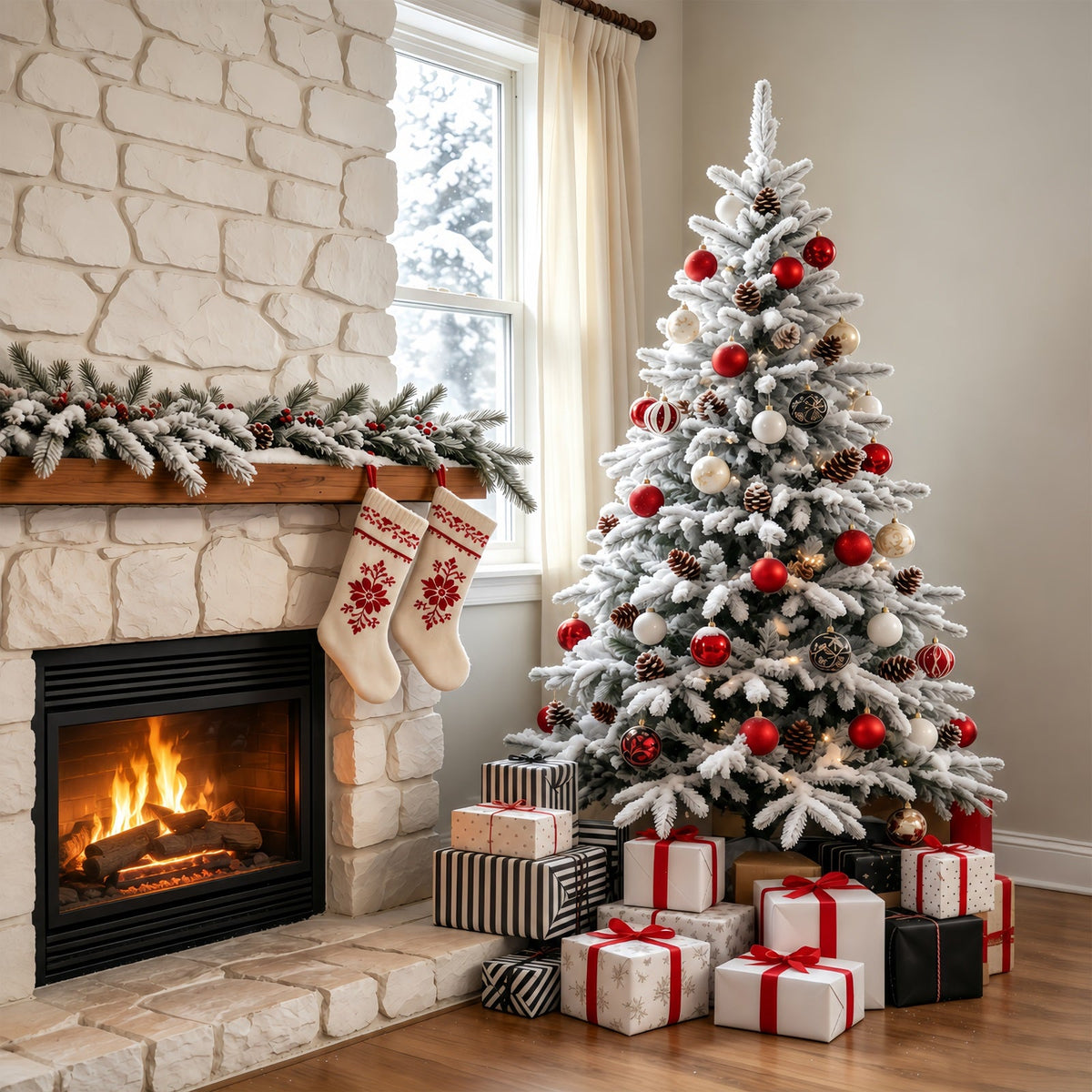 Décor De Noël Pour Salon Cheminée En Pierre Enneigée Décors Photographiques De Noël GQ69-67