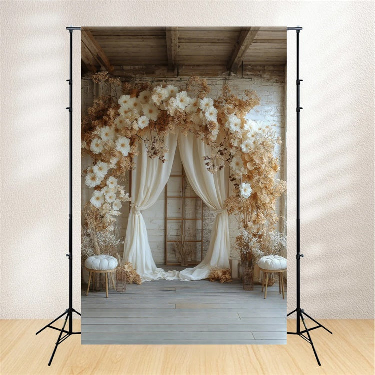 Toile de fond Maternité Arche Drapée Fleurs Crème GTY2-25