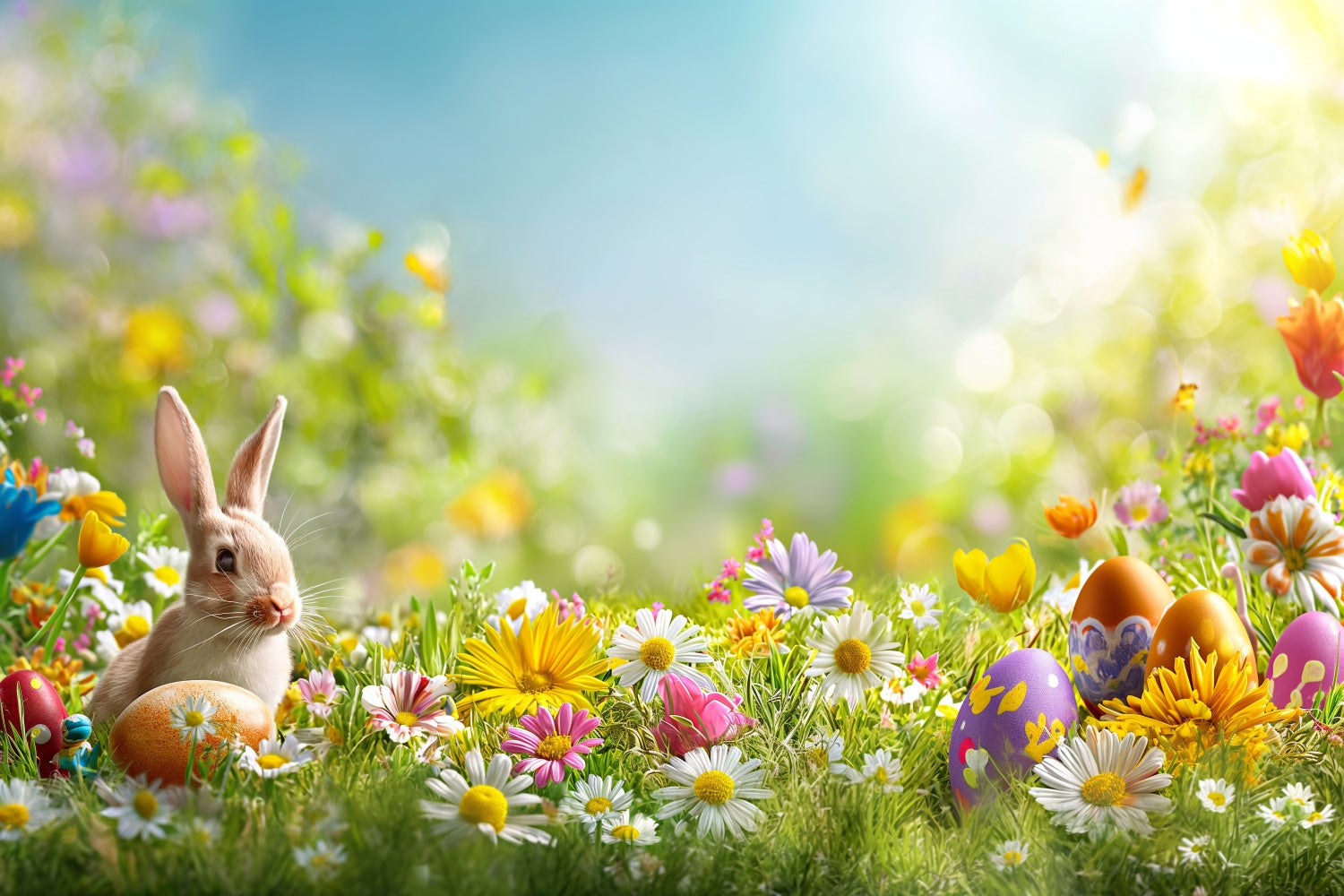 Toile de fond Photo Pâques Prairie Pastel Florale Lapin GTY3-235