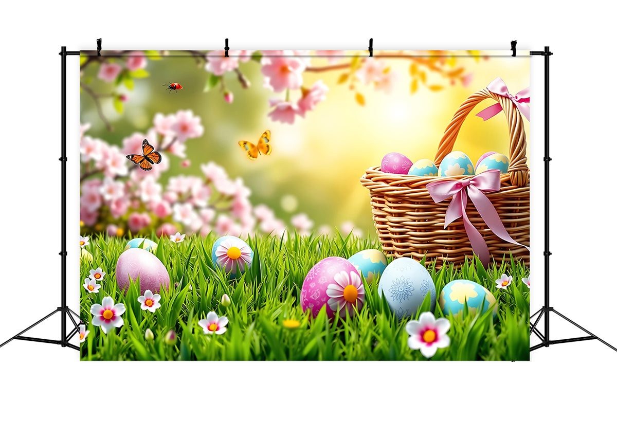 Toile de fond Pâques Prairie Papillons Panier d'Œufs GTY3-237