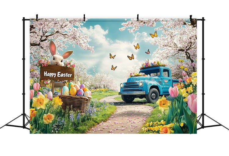 Toile de fond Déco Pâques Fleurs Romantiques Camion Bleu GTY3-243