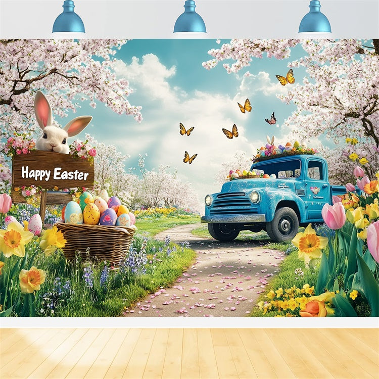 Toile de fond Déco Pâques Fleurs Romantiques Camion Bleu GTY3-243