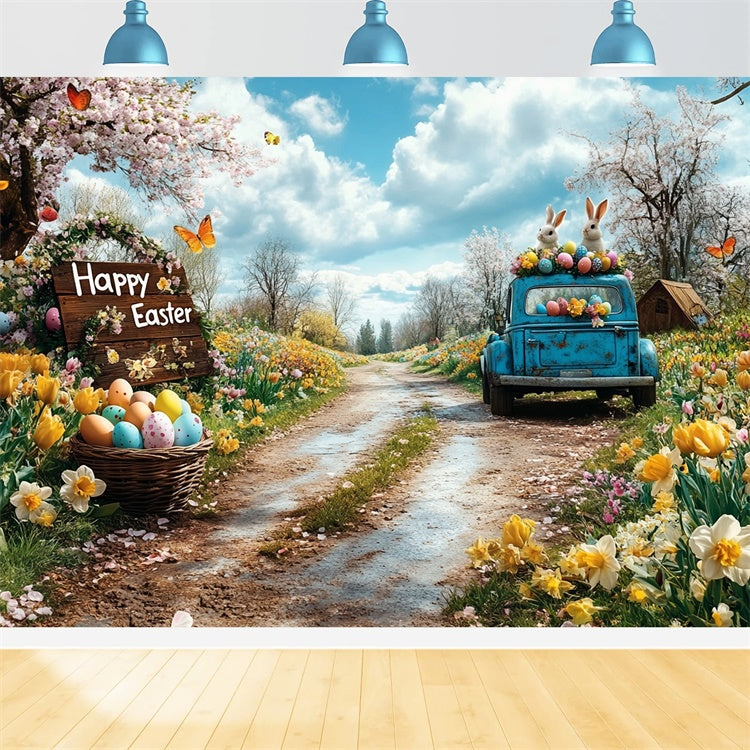 Toile de fond Photo Pâques Camion Rétro Prairie d'Œufs GTY3-245