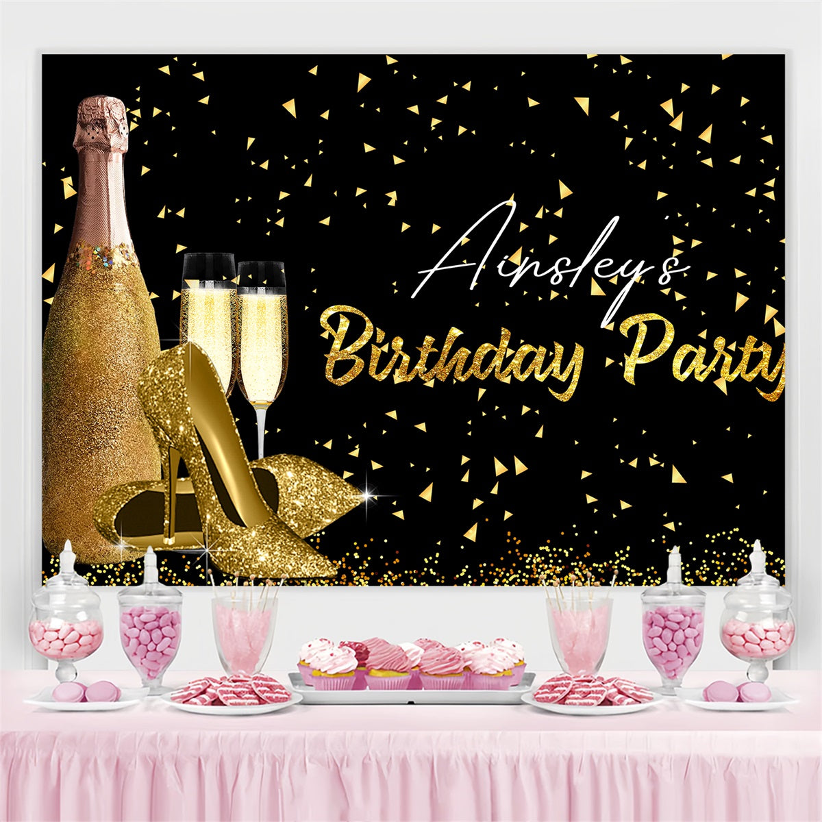 Toile de fond Anniversaire Personnalisée Talons Pailletés Champagne GTY3-246