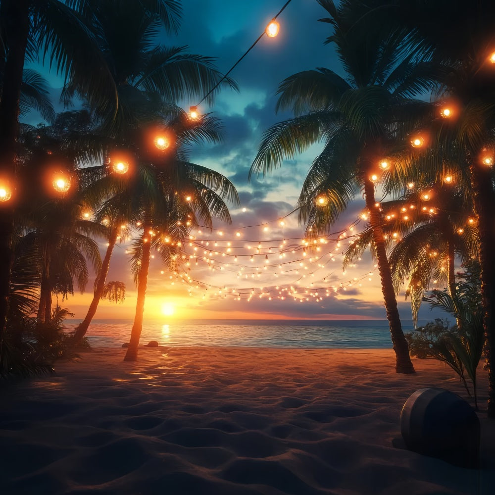 Toile de fond de Plage Été Coucher de Soleil Palmier Guirlande Lumineuse GTY3-281