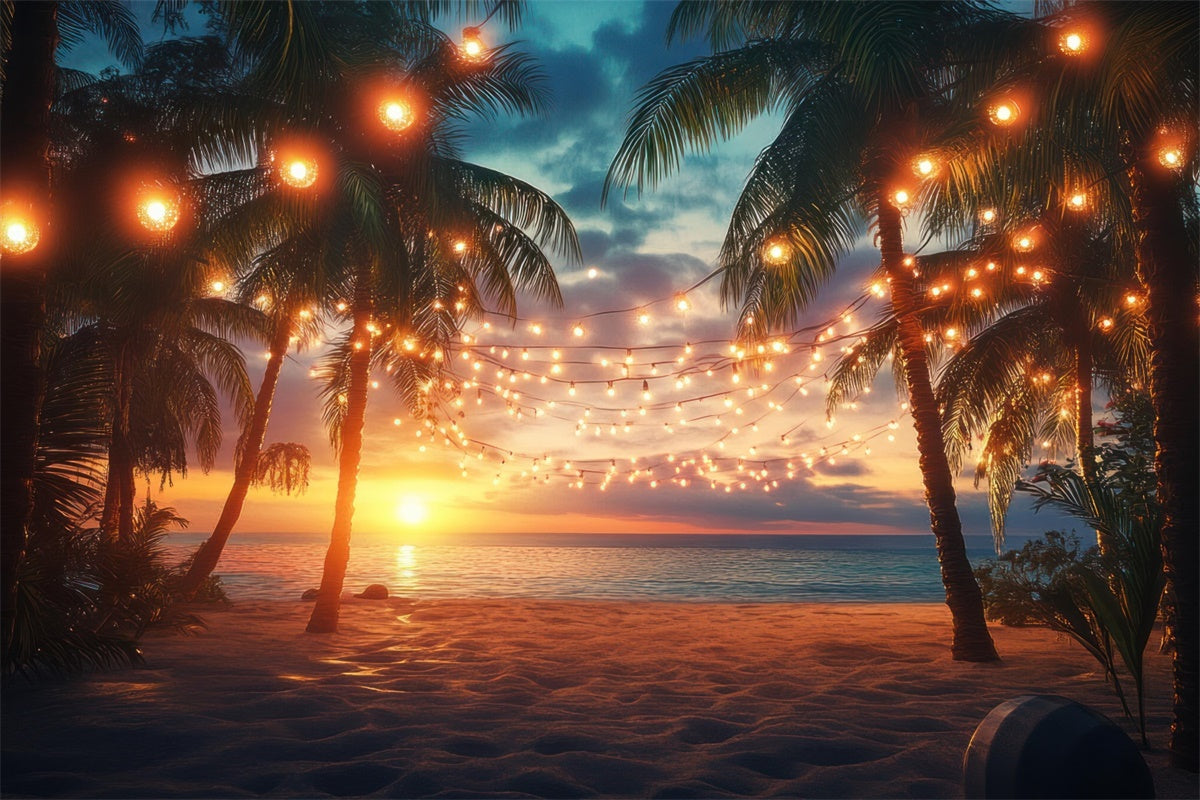 Toile de fond de Plage Été Coucher de Soleil Palmier Guirlande Lumineuse GTY3-281
