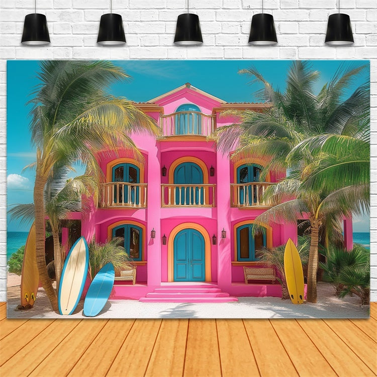Toile de fond Été Maison de Plage Rose Palmier GTY3-283