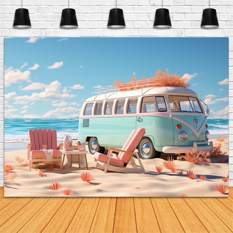 Toile de fond de Plage Été Rétro Camping-Voiture Océan GTY3-286