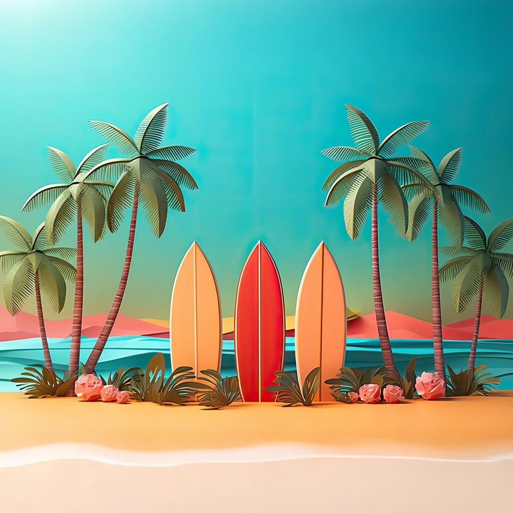 Toile de fond de Plage Été Planches de Surf Colorées Coucher de Soleil GTY3-292