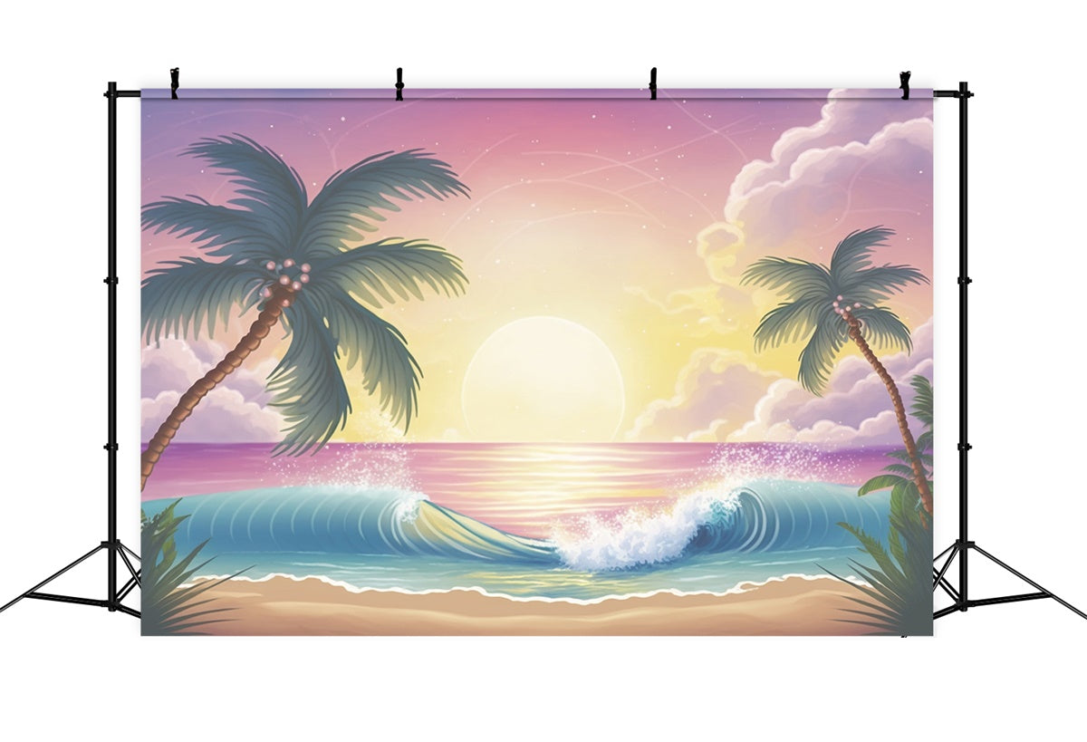 Toile de fond de Plage Été Lever du Soleil Palmier Vague Océan GTY3-379
