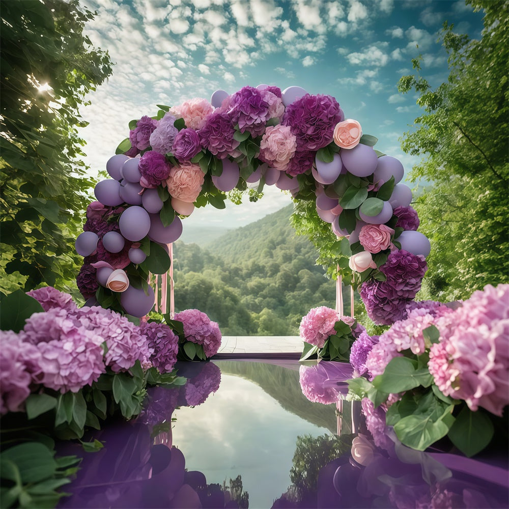 Toile de fond Fleurs Violettes Arche Romantique Hortensias Ballons GTY3-38