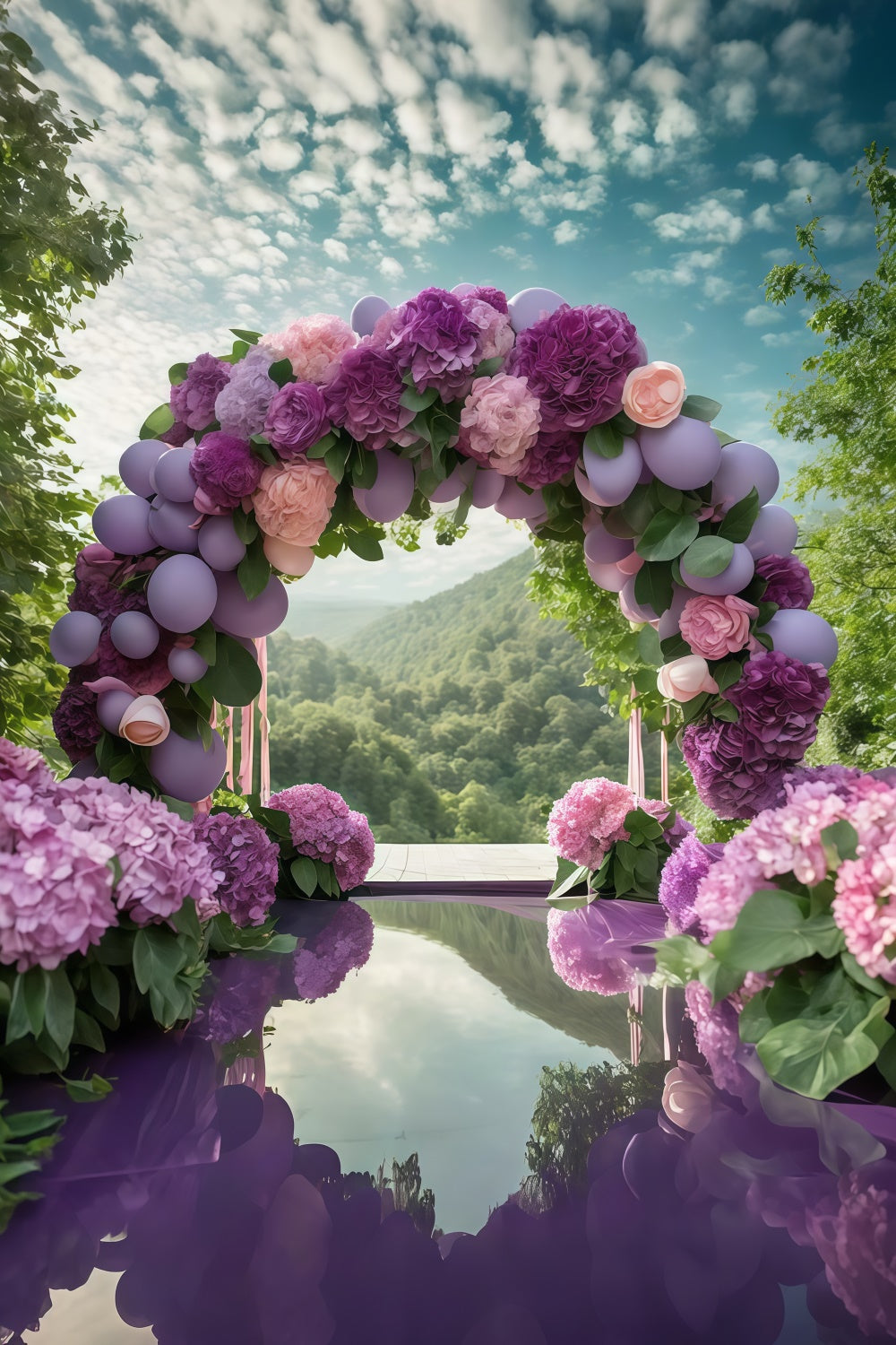 Toile de fond Fleurs Violettes Arche Romantique Hortensias Ballons GTY3-38