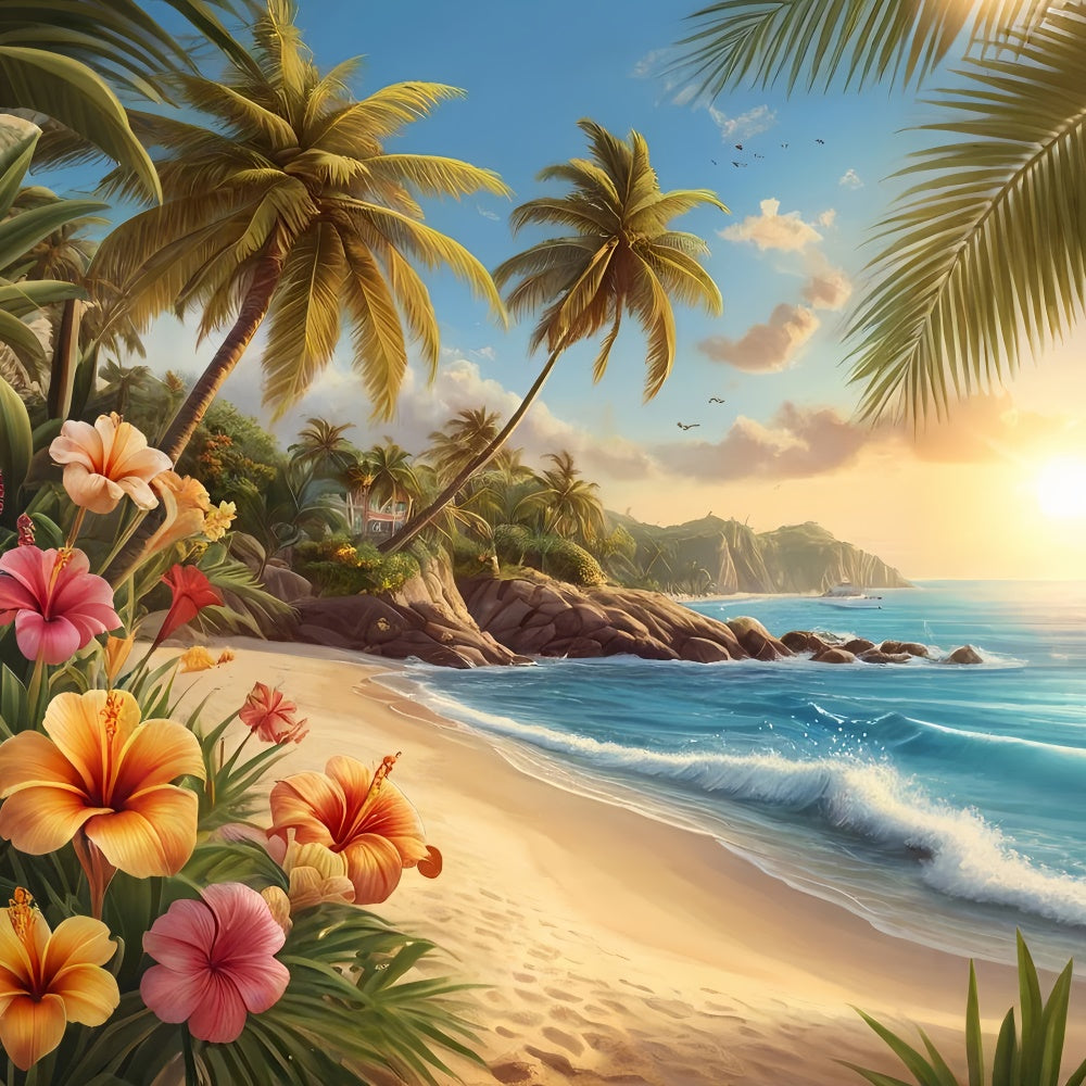 Toile de fond de Plage Été Palmier Fleurs Côtières GTY3-386
